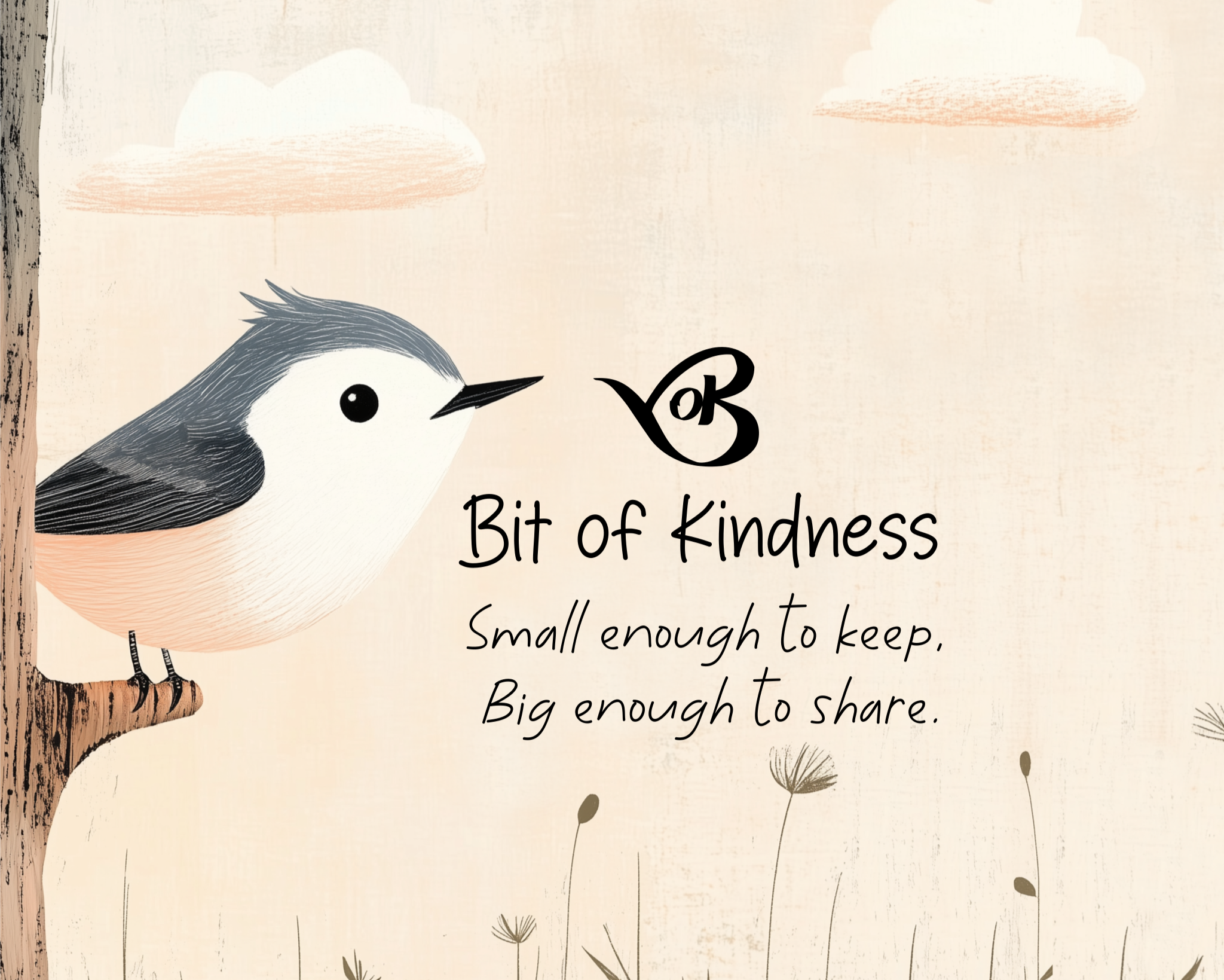 Illustration of a bird perched on a branch with a quote about kindness on a light background.